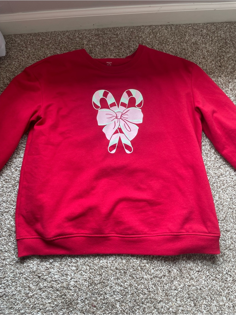 Holiday Time Red Crewneck Sweatshirt with Candy Cane Heart Graphic